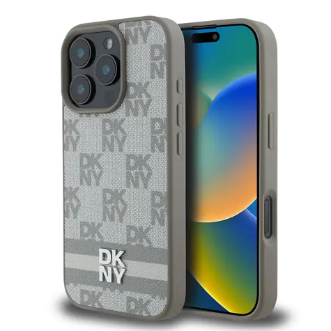 DKNY PU Leather Checkered Pattern and Stripe Zadní Kryt pro Apple iPhone 16 Pro Max béžová