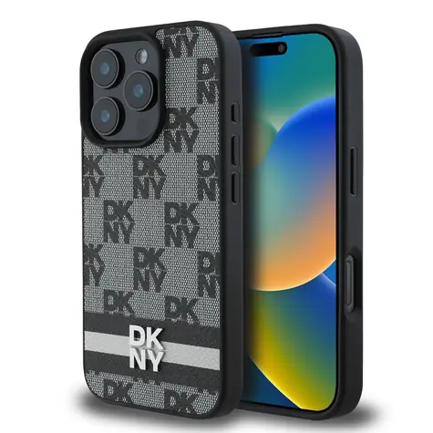 DKNY PU Leather Checkered Pattern and Stripe Zadní Kryt pro Apple iPhone 16 Pro Max černá