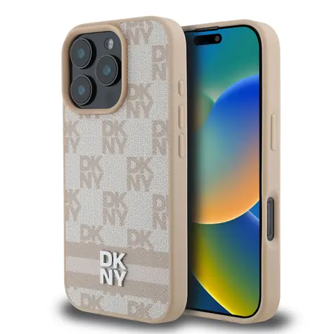 DKNY PU Leather Checkered Pattern and Stripe Zadní Kryt pro Apple iPhone 16 Pro růžová
