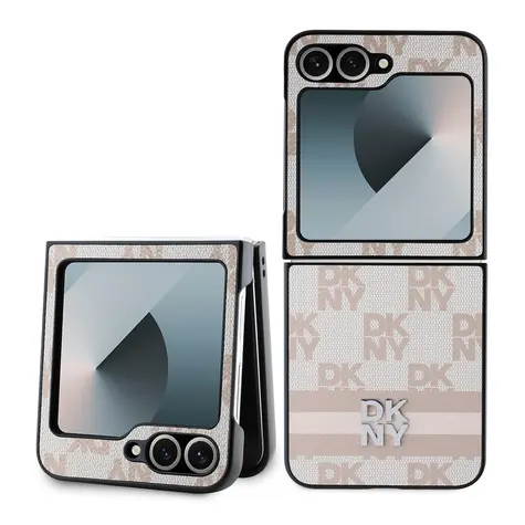 DKNY PU Leather Checkered Pattern and Stripe Zadní Kryt pro Samsung Galaxy Z Flip 6 růžová