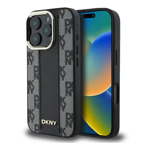 DKNY PU Leather Checkered Pattern Magsafe Zadní Kryt pro Apple iPhone 16 Pro Max černá