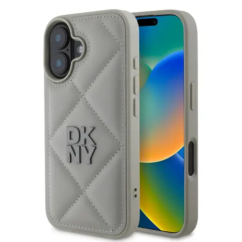 DKNY PU Leather Quilted Stack Logo Zadní Kryt pro Apple iPhone 16 šedá