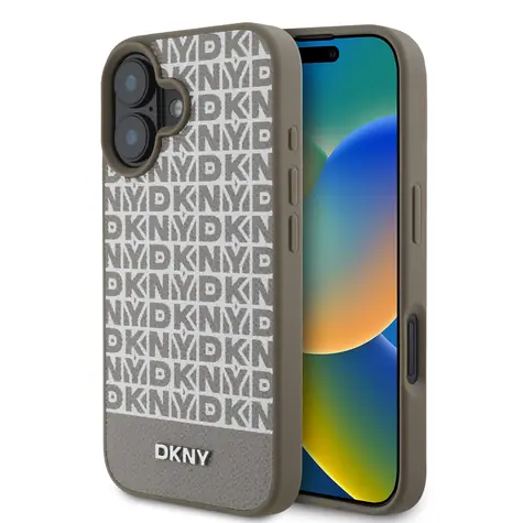 DKNY PU Leather Repeat Pattern Bottom Stripe MagSafe Zadní Kryt pro Apple iPhone 16 hnědá