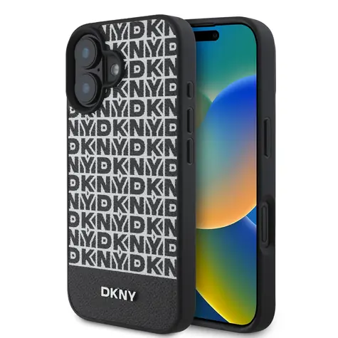 DKNY PU Leather Repeat Pattern Bottom Stripe MagSafe Zadní Kryt pro Apple iPhone 16 Plus černá