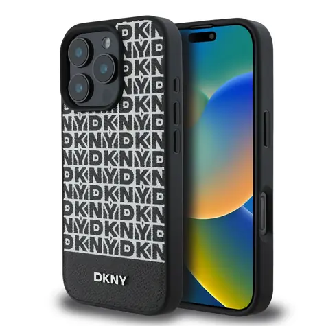 DKNY PU Leather Repeat Pattern Bottom Stripe MagSafe Zadní Kryt pro Apple iPhone 16 Pro Max černá