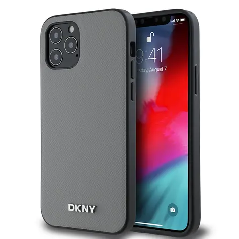 DKNY PU Leather Silver Metal Logo Magsafe Zadní Kryt pro Apple iPhone 12/12 Pro šedá