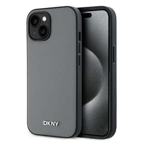 DKNY PU Leather Silver Metal Logo Magsafe Zadní Kryt pro Apple iPhone 13 šedá