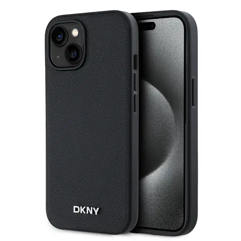 DKNY PU Leather Silver Metal Logo Magsafe Zadní Kryt pro Apple iPhone 14 černá