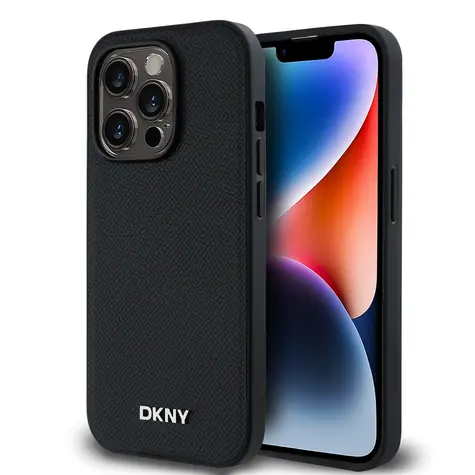 DKNY PU Leather Silver Metal Logo Magsafe Zadní Kryt pro Apple iPhone 14 Pro Max černá
