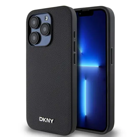 DKNY PU Leather Silver Metal Logo Magsafe Zadní Kryt pro Apple iPhone 15 Pro černá