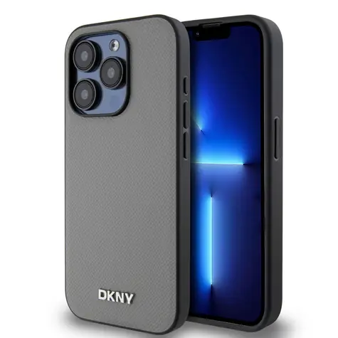 DKNY PU Leather Silver Metal Logo Magsafe Zadní Kryt pro Apple iPhone 15 Pro šedá