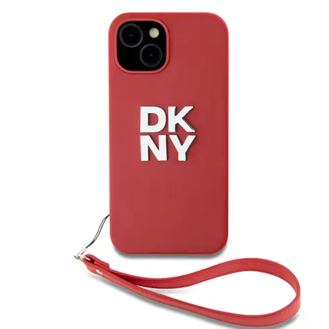 DKNY PU Leather Stack Logo Wrist Strap Zadní Kryt pro Apple iPhone 13 červená