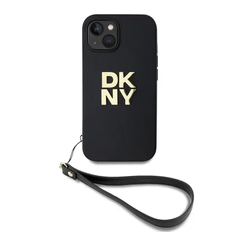 DKNY PU Leather Stack Logo Wrist Strap Zadní Kryt pro Apple iPhone 14 černá