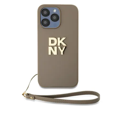 DKNY PU Leather Stack Logo Wrist Strap Zadní Kryt pro Apple iPhone 14 Pro Max béžová
