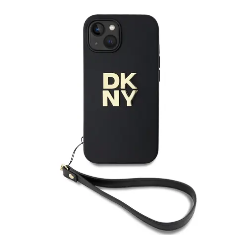 DKNY PU Leather Stack Logo Wrist Strap Zadní Kryt pro Apple iPhone 15 černá