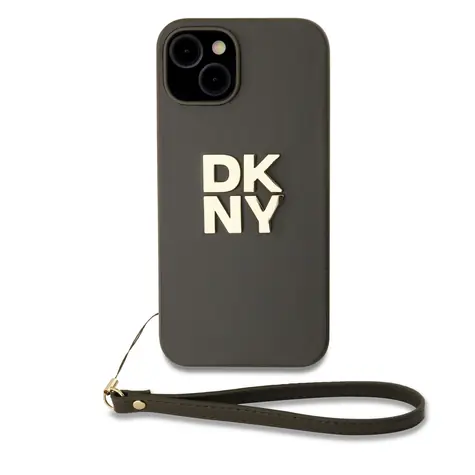 DKNY PU Leather Stack Logo Wrist Strap Zadní Kryt pro Apple iPhone 15 hnědá