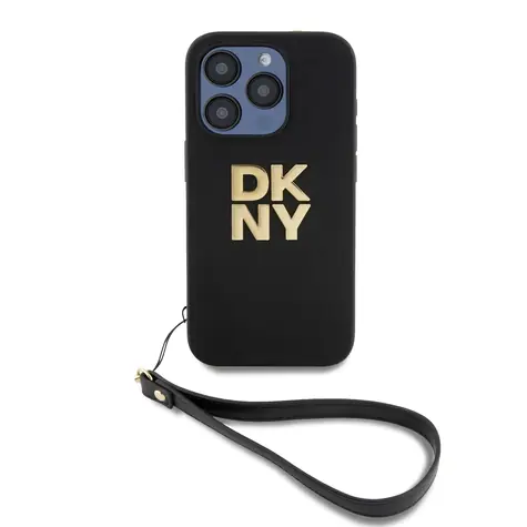 DKNY PU Leather Stack Logo Wrist Strap Zadní Kryt pro Apple iPhone 15 Pro černá