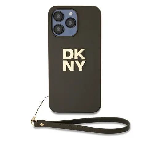 DKNY PU Leather Stack Logo Wrist Strap Zadní Kryt pro Apple iPhone 15 Pro hnědá