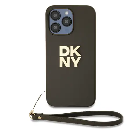 DKNY PU Leather Stack Logo Wrist Strap Zadní Kryt pro Apple iPhone 15 Pro Max hnědá