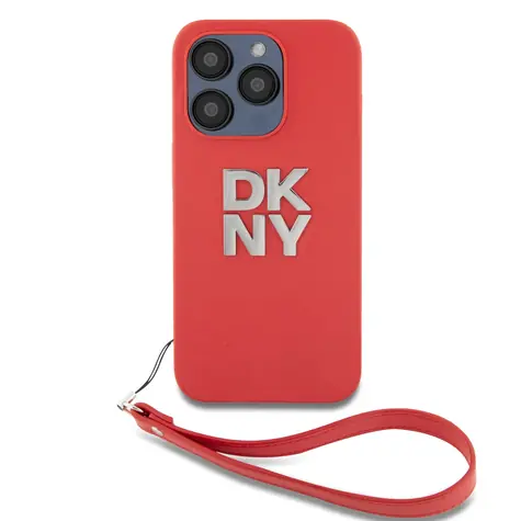 DKNY PU Leather Stack Logo Wrist Strap Zadní Kryt pro Apple iPhone 15 Pro červená
