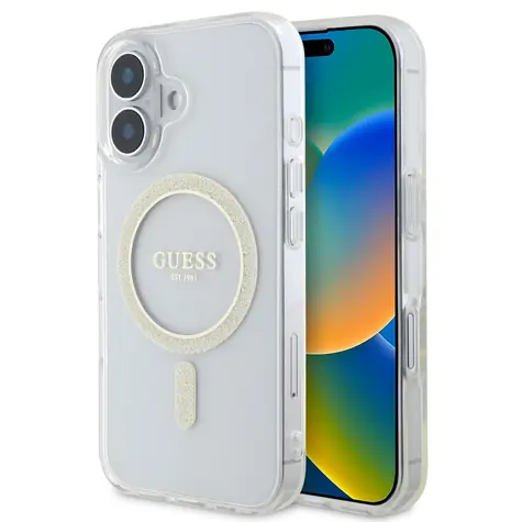 Guess IML Glitter Ring MagSafe Zadní Kryt pro Apple iPhone 16 čirá