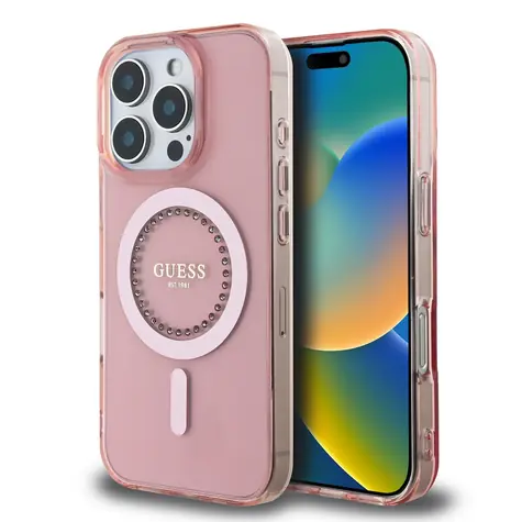 Guess IML Rhinestones Ring MagSafe Zadní Kryt pro Apple iPhone 16 Pro růžová