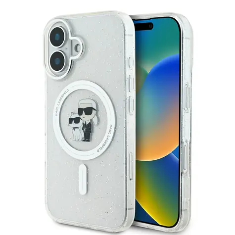Karl Lagerfeld IML Glitter Karl and Choupette MagSafe Zadní Kryt pro Apple iPhone 16 čirá