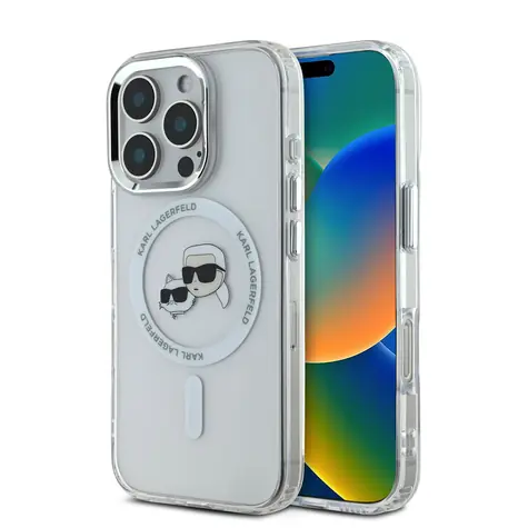 Karl Lagerfeld IML K&CH Heads Metal Frame MagSafe Zadní Kryt pro Apple iPhone 16 Pro čirá