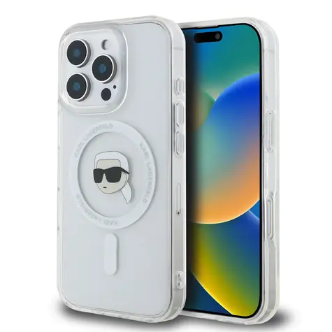 Karl Lagerfeld IML Karl Head Metal Frame MagSafe Zadní Kryt pro Apple iPhone 16 Pro Max čirá