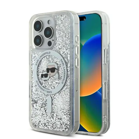 Karl Lagerfeld Liquid Glitter Karl and Choupette Heads MagSafe Zadní Kryt pro Apple iPhone 16 Pro čirá