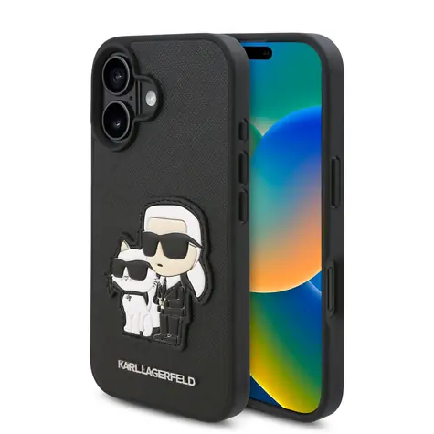 Karl Lagerfeld PU Saffiano Karl and Choupette Zadní Kryt pro Apple iPhone 16 Plus černá