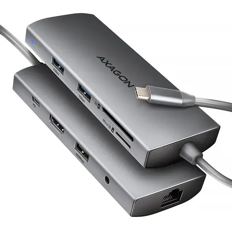 AXAGON HMC-8HLSA, USB 5Gbps hub, 3x USB-A, HDMI 4k/60Hz, RJ-45 GLAN, SD/mSD, audio, PD 100W, kabel USB-C 20cm