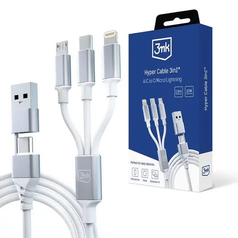 3mk Hyper Cable nabíjecí kabel 3in1 A/C to C/Micro/Lightning 1.5m bílá