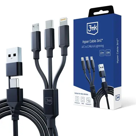 3mk Hyper Cable nabíjecí kabel 3in1 A/C to C/Micro/Lightning 1.5m černá