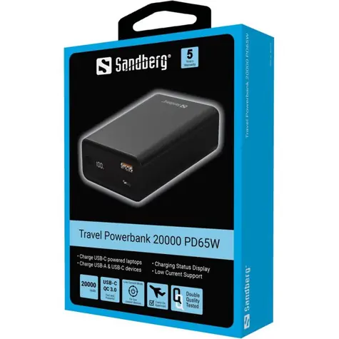 Sandberg Ttravel Powerbank černá / USB-C PD 65W / 20000mAh / USB-C / USB-A