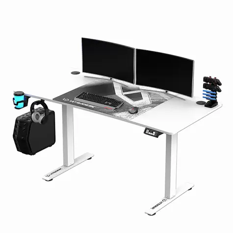 ULTRADESK LEVEL V2 bílá / Herní elektricky nastavitelný stůl / 140 x 68 x 72-117 cm / držák sluchátek&nápojů