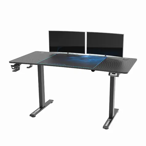 ULTRADESK LEVEL V2 modrá / Herní elektricky nastavitelný stůl / 140 x 68 x 72-117 cm / držák sluchátek&nápojů