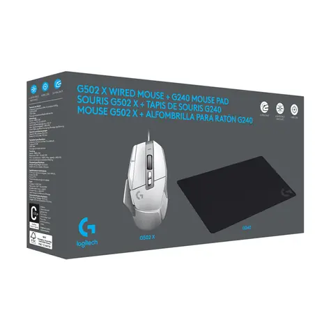 Logitech G502 X bílá + podložka G240 / drátová herní myš / 12000dpi / USB