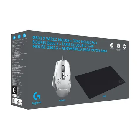 Rozbaleno - Logitech G502 X bílá + podložka G240 / drátová herní myš / 25600dpi / rozbaleno