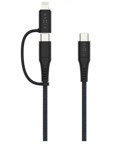 FIXED Dlouhý nabíjecí a datový opletený kabel s konektory USB-C/USB-C a Lightning adaptérem PD 2m MFi PD 60W šedý