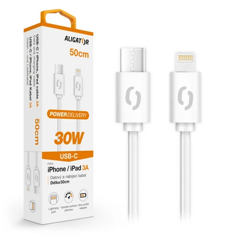 Aligator Datový kabel POWER 30W / USB-C/Lightning 3A / 0 / 5m bílý