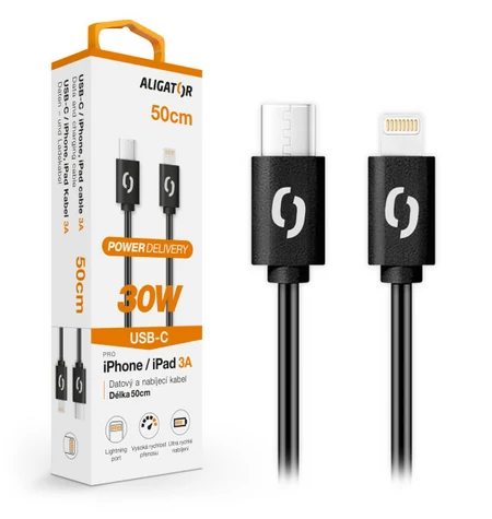 Aligator Datový kabel POWER 30W / USB-C/Lightning 3A / 0 / 5m černý