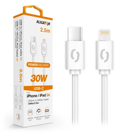 Aligator Datový kabel POWER 30W / USB-C/Lightning 3A / 2 / 5m bílý