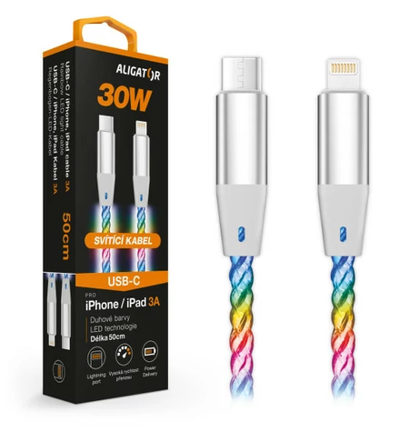 Aligator Datový kabel POWER 3A 30W / USB-C/Lightning / 0 / 5m svítící