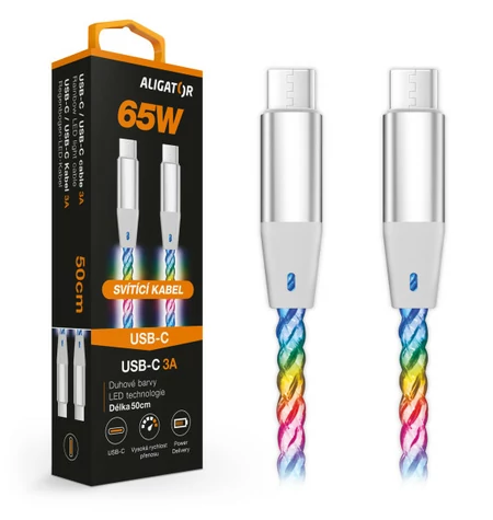 Aligator Datový kabel POWER 3A 65W / USB-C/USB-C / 0 / 5m svítící