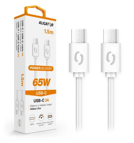 Aligator Datový kabel POWER 65W / USB-C/USB-C 3A 1. 5m / bílý