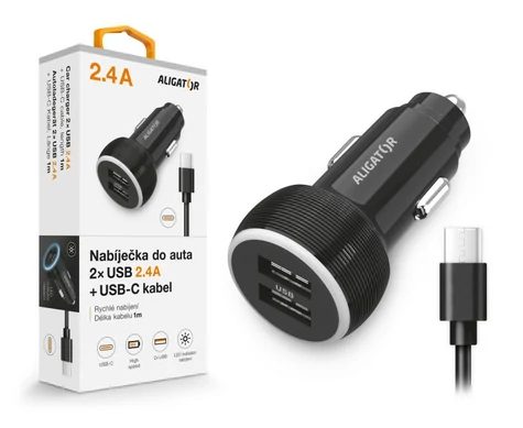 Aligator Nabíječka do auta ALIGATOR s USB-C kabelem a 2xUSB výstupem 2.4A /  černá