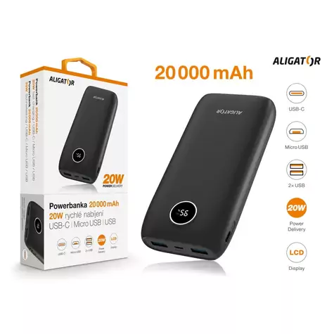 Aligator Power bank PD20W+QC22.5W / 20000mAh / černá