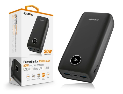 Aligator Powerbanka Power Delivery 20W / rychlé nabíjení / 30 000 mAh / černá