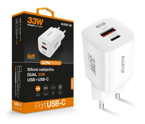 Aligator Rychlá nabíječka GaN / PD 33W USB + USB-C / bílá